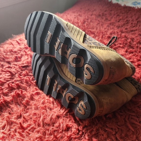 SOREL Women's Lexie Brown Leather Platform Wedge Leopard Print Booties Size 7 - Picture 5 of 16